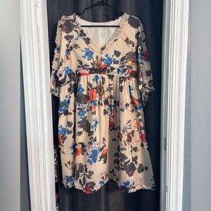 Beige Floral Tiered V-Neck Dress